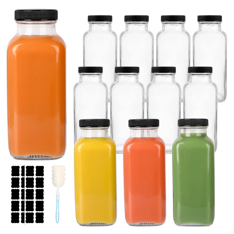 GUANENA 12 Pack Glass Drink Bottles, 12 OZ Vintage Square Water Bottles with Lids, Juice Bottles Beverages Containers for Milk, Kombucha, Smoothies - Image 1