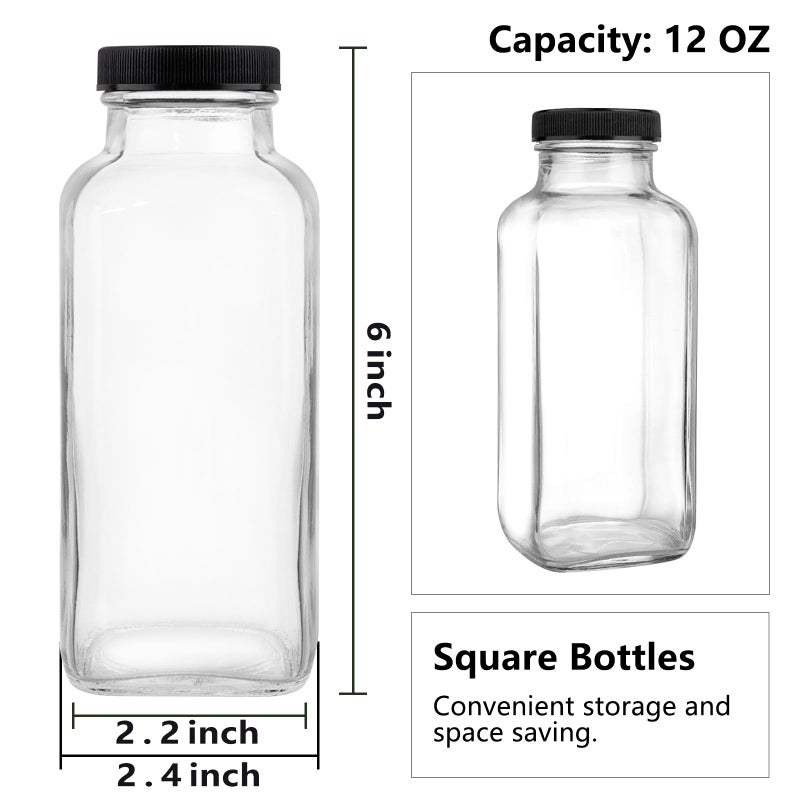 GUANENA 12 Pack Glass Drink Bottles, 12 OZ Vintage Square Water Bottles with Lids, Juice Bottles Beverages Containers for Milk, Kombucha, Smoothies - Image 2