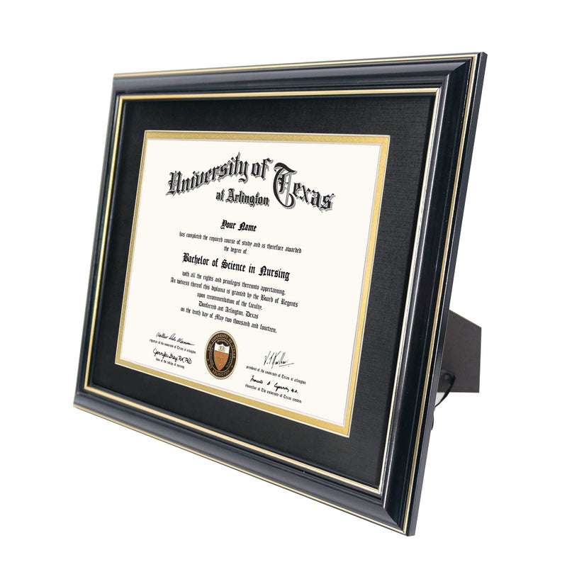 GraduationMall 8.5x11 Diploma Frame with Black over Gold Mat or Display 11x14 Certificate without Mat,Solid Wood & Tempered Glass,Glossy Black Finish with Gold Trim - Image 2