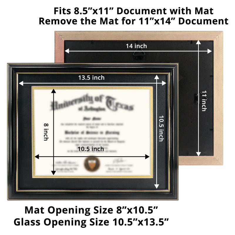GraduationMall 8.5x11 Diploma Frame with Black over Gold Mat or Display 11x14 Certificate without Mat,Solid Wood & Tempered Glass,Glossy Black Finish with Gold Trim - Image 4