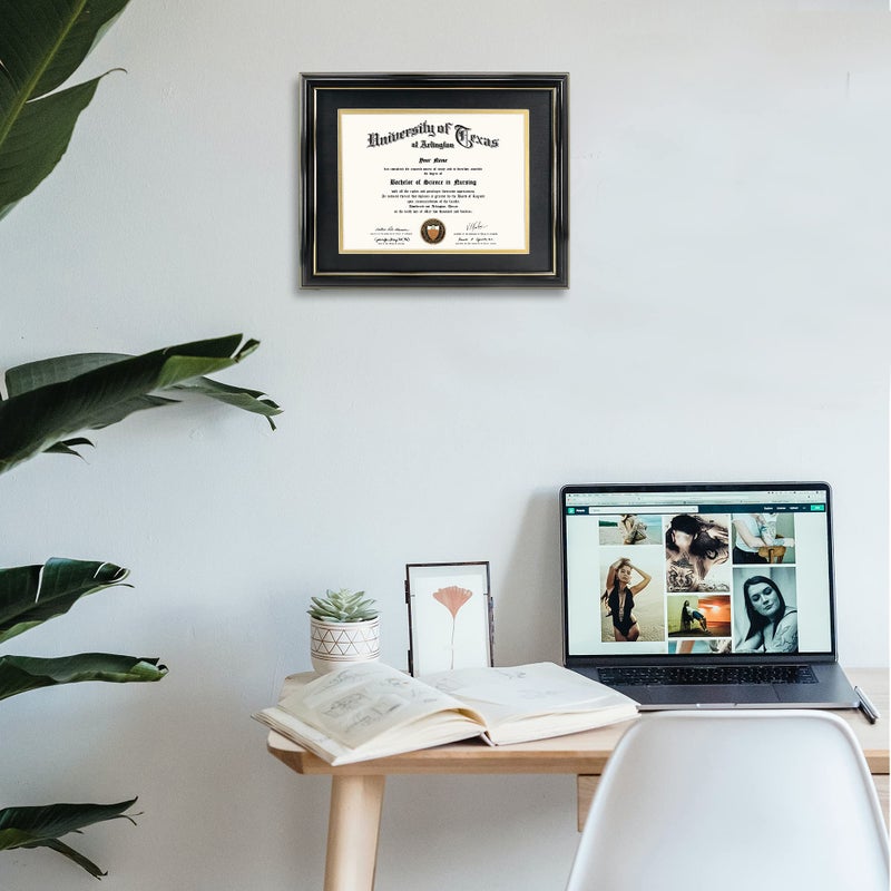 GraduationMall 8.5x11 Diploma Frame with Black over Gold Mat or Display 11x14 Certificate without Mat,Solid Wood & Tempered Glass,Glossy Black Finish with Gold Trim - Image 3