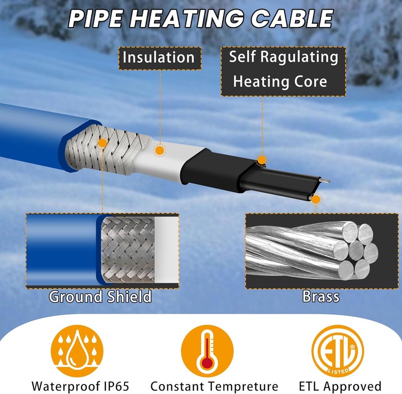 PROEZE 25ft Heat Tape for Water Pipes with Thermostat, for Pipe Freeze Protection, Self-Regulating Heating Cable, Keeps Water Flowing at -40°F, 120V, 5W/ft,Pipe Heater for Home,Roof,Outdoor - Image 5