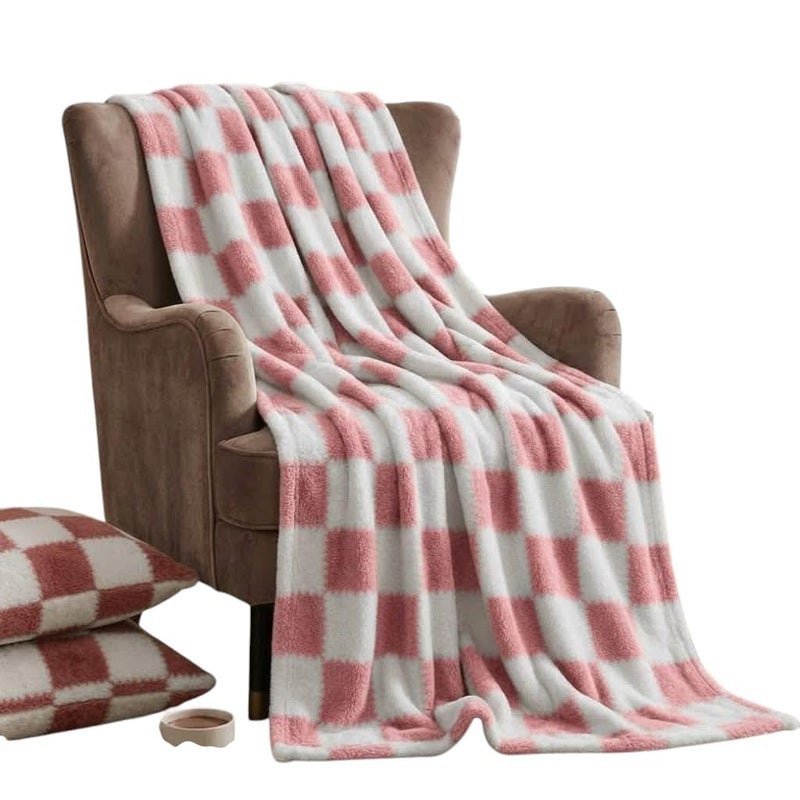 Checked Bed Blanket Large Pink and White, 220x240cm, 1600 g, Laser Engraving - Image 1