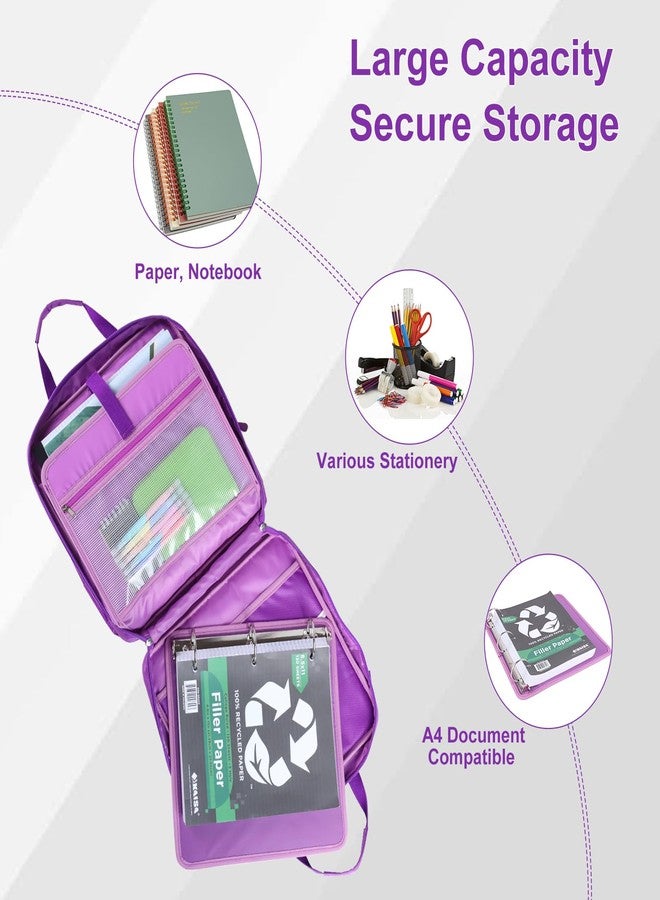 Edraco 2 Inch 3-Ring Zipper Binder With Multi Pockets, 500 Sheet Capacity, Shoulder Strap - Purple - Image 3