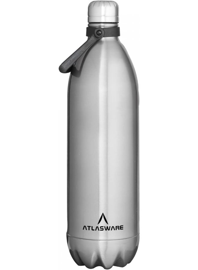 Atlasware Stainless Steel Vacuum Bottle with Carry Handle, Double-Wall Insulated and Leak-Resistant, Matt Steel, 1750 ml - Image 1