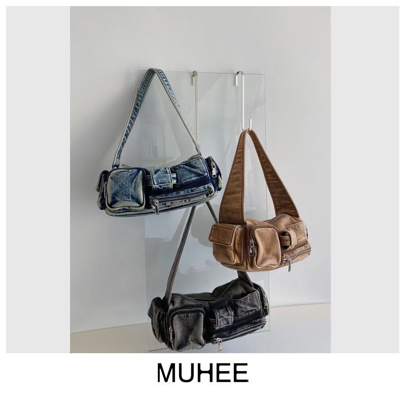 Internet Celebrity New Women'S Armpit Bag Niche Handbag Design Multi-Pocket Retro Washed Denim Shoulder Crossbody Bag - Image 5
