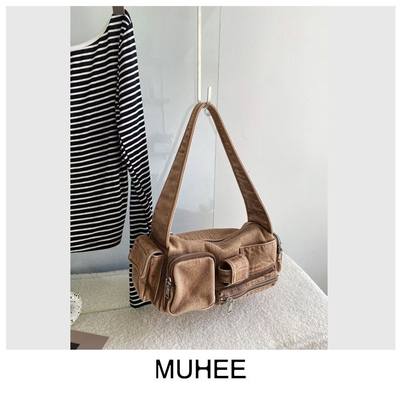 Internet Celebrity New Women'S Armpit Bag Niche Handbag Design Multi-Pocket Retro Washed Denim Shoulder Crossbody Bag - Image 3
