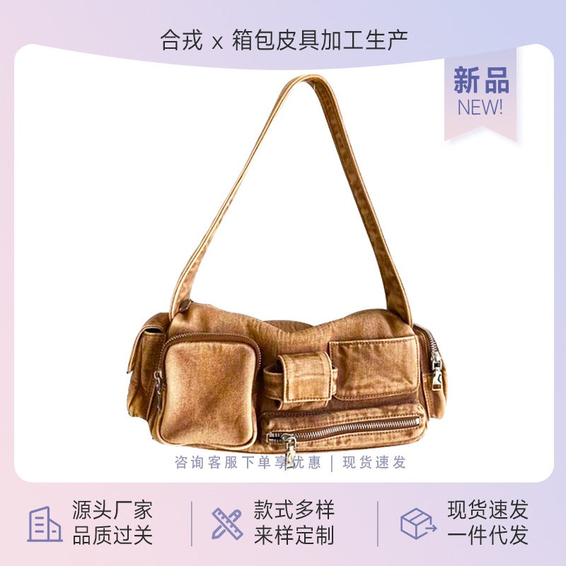 Internet Celebrity New Women'S Armpit Bag Niche Handbag Design Multi-Pocket Retro Washed Denim Shoulder Crossbody Bag - Image 2