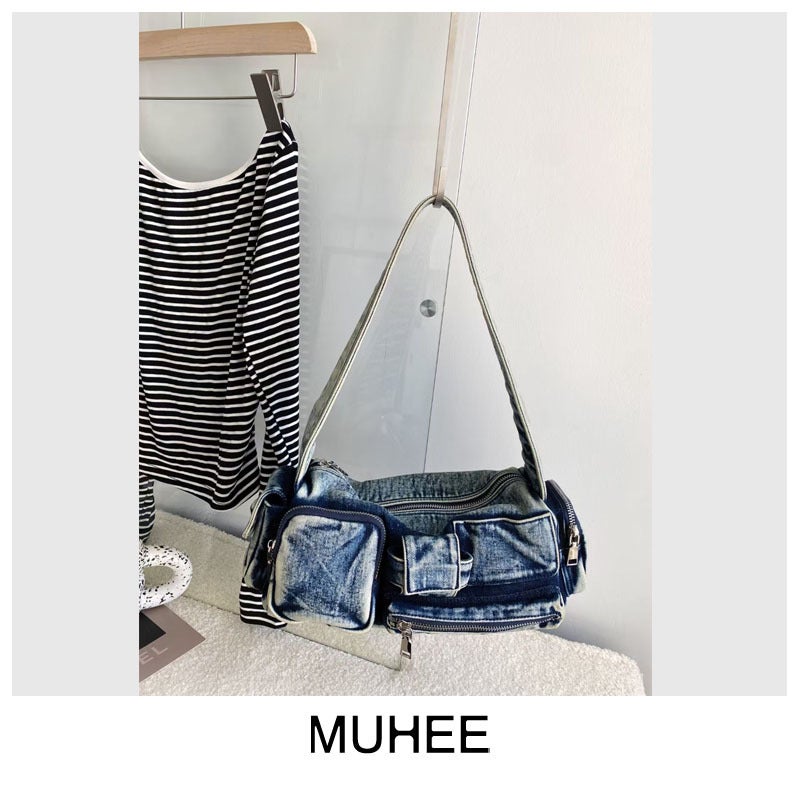 Internet Celebrity New Women'S Armpit Bag Niche Handbag Design Multi-Pocket Retro Washed Denim Shoulder Crossbody Bag - Image 1
