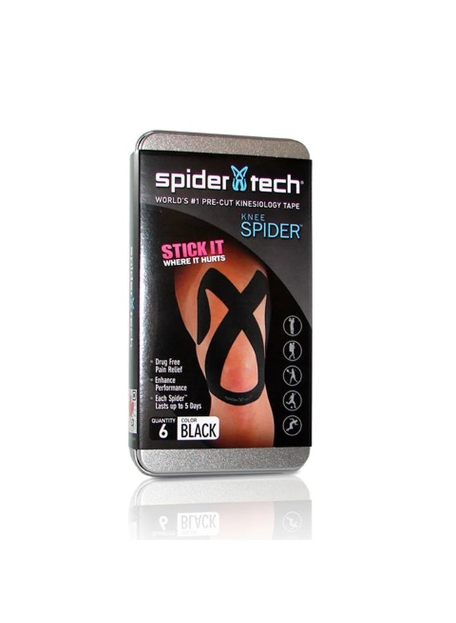 Spidertech Upper Knee Pre‑Cut Tape – 6 Pieces (Metal Tin), Black - Image 1