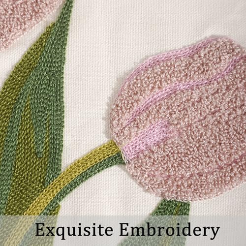 Tosleo Embroidered Throw Pillow Covers 16X16 Pack of 2 Pink Tulip Pillow Covers Spring Floral Floor Tufted Pillowcases Farmhouse Decor Cushion Cover Square Summer Decoration Pillow Case - Image 3