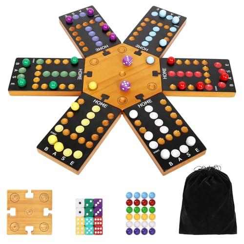 plusvivo Marble Board Game Wooden Board Game for 4 and 6 Players Portable Original Marble Game with 24 Marbles 12 Dice for Family Friends Party Game Night Black - Image 1