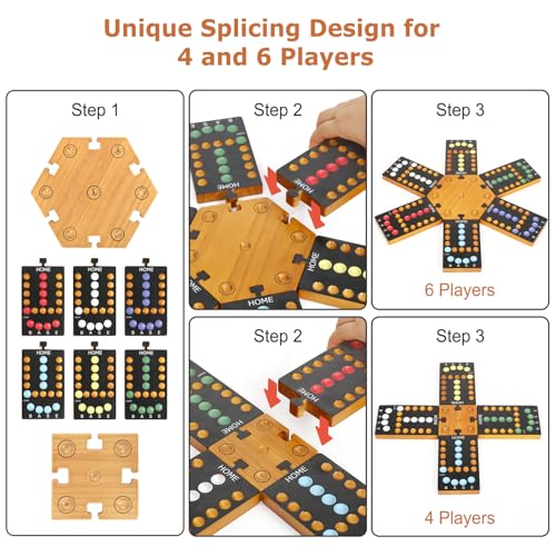 plusvivo Marble Board Game Wooden Board Game for 4 and 6 Players Portable Original Marble Game with 24 Marbles 12 Dice for Family Friends Party Game Night Black - Image 5