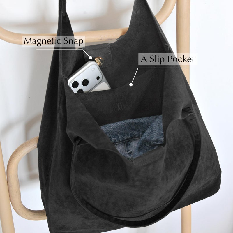 Hoxis Soft Faux Suede Tote Bag for Women - Magnetic Closure Hobo Handbag, Casual Vegan Leather Purseâ€‹ (Black) - Image 5