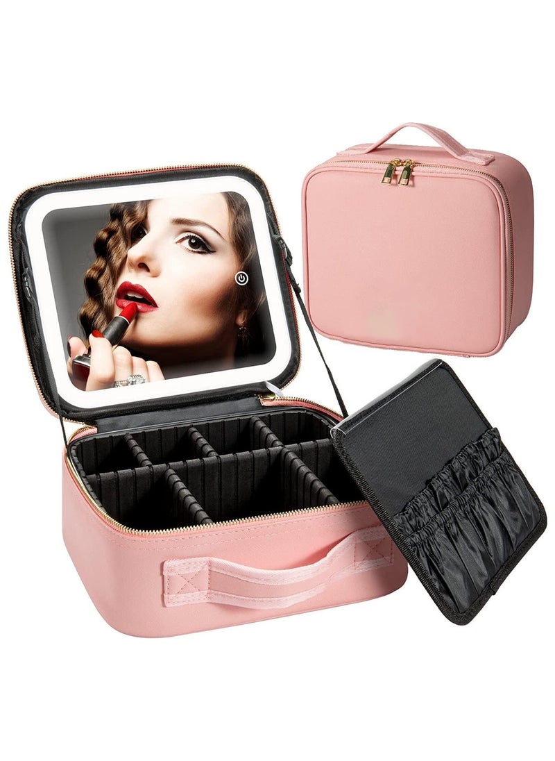 AUTOYSUR Makeup Bag with Mirror of LED Lighted, Travel Makeup Train Case Cosmetic Bag Organizer with Mirror and Lights, Make up Bag with Light up Mirror Adjustable Divider Brush Board (Pink)  - Image 1