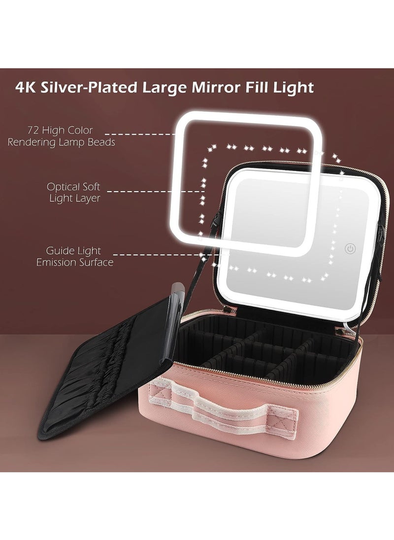 AUTOYSUR Makeup Bag with Mirror of LED Lighted, Travel Makeup Train Case Cosmetic Bag Organizer with Mirror and Lights, Make up Bag with Light up Mirror Adjustable Divider Brush Board (Pink)  - Image 4
