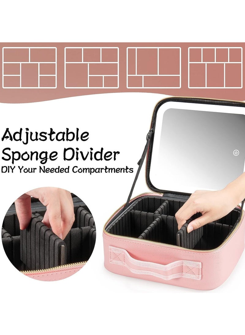 AUTOYSUR Makeup Bag with Mirror of LED Lighted, Travel Makeup Train Case Cosmetic Bag Organizer with Mirror and Lights, Make up Bag with Light up Mirror Adjustable Divider Brush Board (Pink)  - Image 5