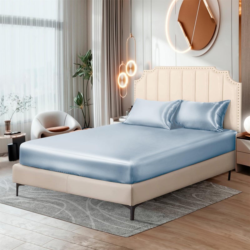 Ersmak Ersmak Silk Satin Fitted Sheet  Soft Deep Pocket Bottom Luxury Queen Fitted Sheet  Wrinkle Free  Breathable  Fade Resistant - Baby Blue  - Image 1