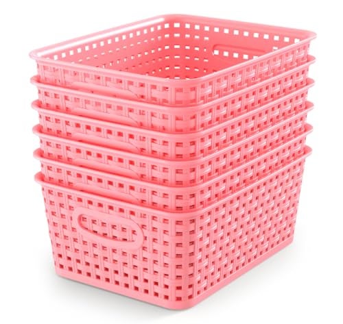 WYT 6-Pack Plastic Small Shelf Storage Weave Baskets Organizing for Cabinets and Pantries, Pink - Image 4
