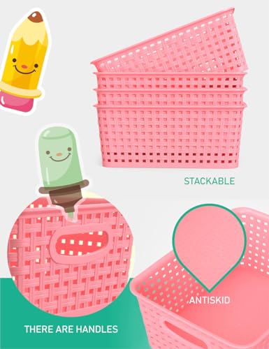 WYT 6-Pack Plastic Small Shelf Storage Weave Baskets Organizing for Cabinets and Pantries, Pink - Image 3