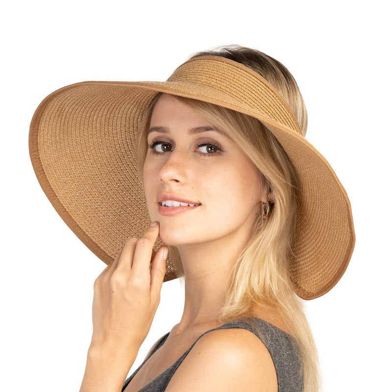 FENELY Women Sun Visors Foldable Straw Hats Summer Beach Packable Hat Floppy Wide Brim Cap Big Heads Sombrero (Khaki) - Image 1