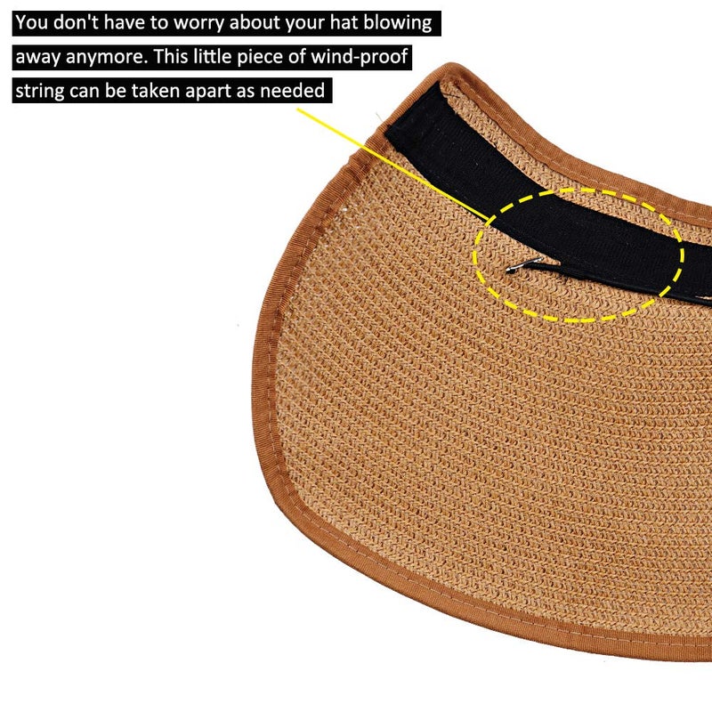 FENELY Women Sun Visors Foldable Straw Hats Summer Beach Packable Hat Floppy Wide Brim Cap Big Heads Sombrero (Khaki) - Image 2