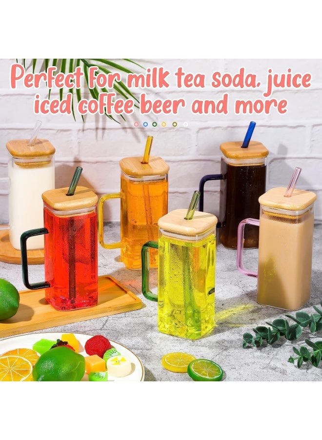 كوب زجاجي شفاف بيد ملونة بمقبض وغطاء خشب مع شاليموه زجاج – كوب عصائر، مشروبات باردة وساخنة، قابل لإعادة الاستخدام - Image 5