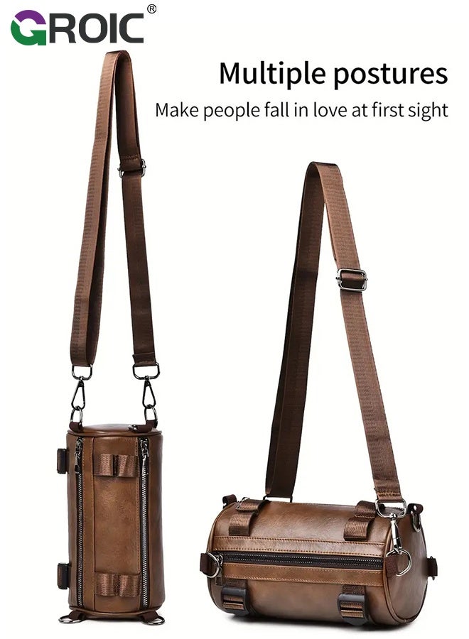 GROIC Leather Cylinder Crossbody Bag, Vintage Style Adjustable Strap Shoulder Bag for Men, Sling Crossbody Shoulder Bag for Men Travel Work - Image 4