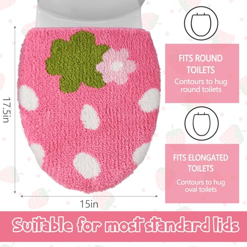 Teecyhooo Pink Strawberry Toilet Lid Cover 17.5 x 15 Inch Cute Strawberry Washable Plush Toilet Cover Soft Microfiber Non Slip Rubber Backing Bathroom Accessories Fits Most Round Elongated - Image 2