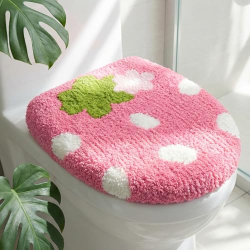Teecyhooo Pink Strawberry Toilet Lid Cover 17.5 x 15 Inch Cute Strawberry Washable Plush Toilet Cover Soft Microfiber Non Slip Rubber Backing Bathroom Accessories Fits Most Round Elongated - Image 1