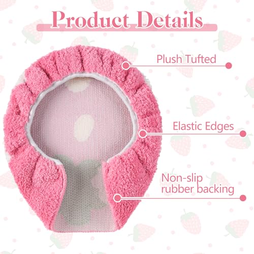 Teecyhooo Pink Strawberry Toilet Lid Cover 17.5 x 15 Inch Cute Strawberry Washable Plush Toilet Cover Soft Microfiber Non Slip Rubber Backing Bathroom Accessories Fits Most Round Elongated - Image 3