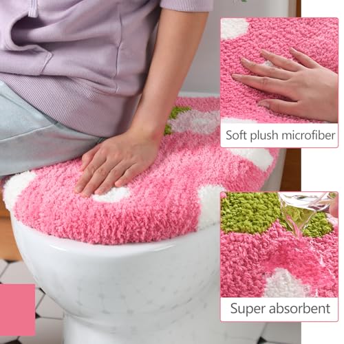 Teecyhooo Pink Strawberry Toilet Lid Cover 17.5 x 15 Inch Cute Strawberry Washable Plush Toilet Cover Soft Microfiber Non Slip Rubber Backing Bathroom Accessories Fits Most Round Elongated - Image 4