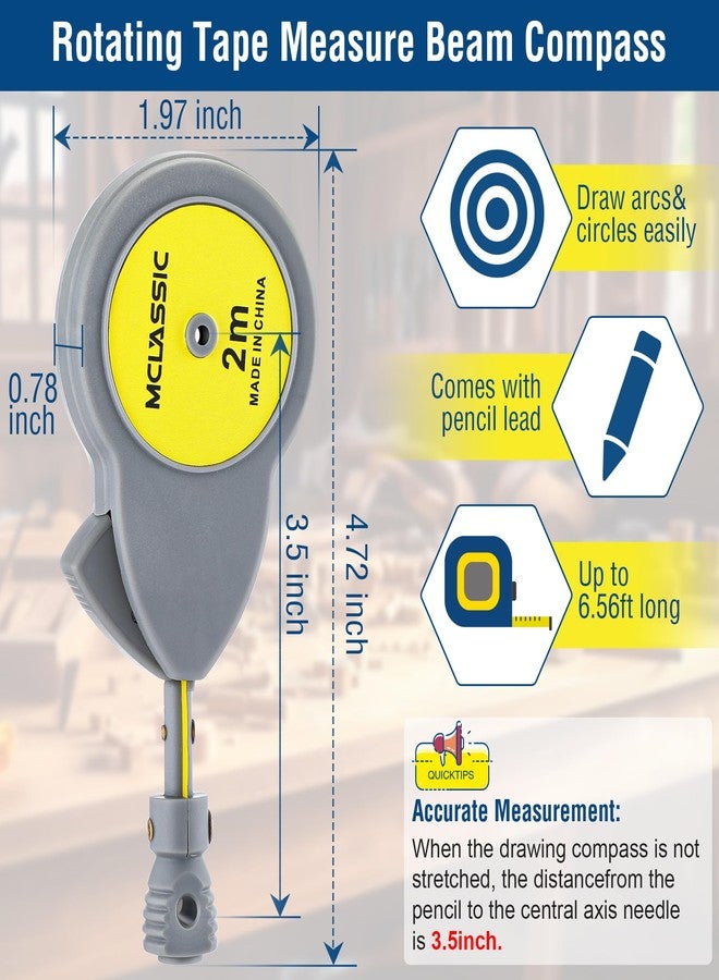 Dreyoo 6.56 ft Rotape Tape Measure Compass with 10 Pencil Leads, Measure Beam Compass for Drawing Circles and Lines, Fixable Button Circle Drawing Tool with Tape Measures - Image 2