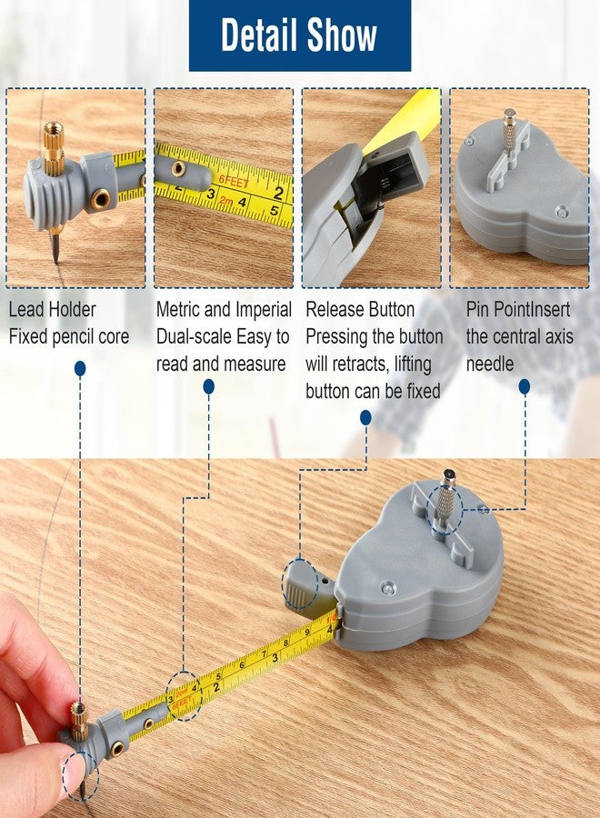 Dreyoo 6.56 ft Rotape Tape Measure Compass with 10 Pencil Leads, Measure Beam Compass for Drawing Circles and Lines, Fixable Button Circle Drawing Tool with Tape Measures - Image 4