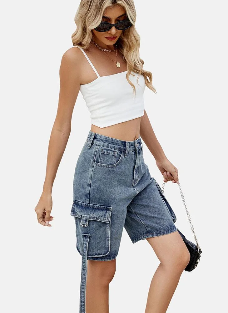 YUNIQEE Blue Mid Rise Plain Regular Fit Shorts