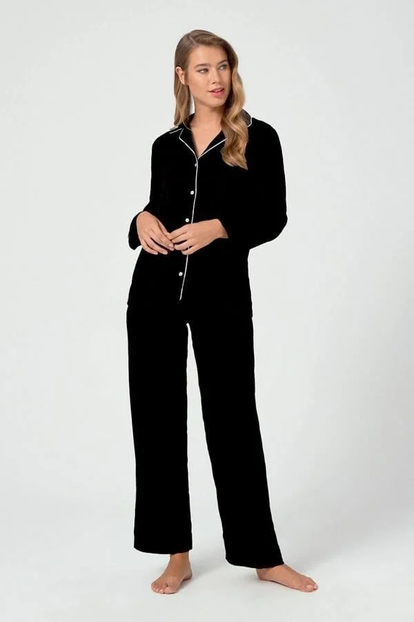 COTTONHILL Black Buttoned Front Cotton Women's Pajama Set