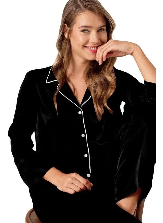 كوتن هيل Black Buttoned Front Cotton Women's Pajama Set