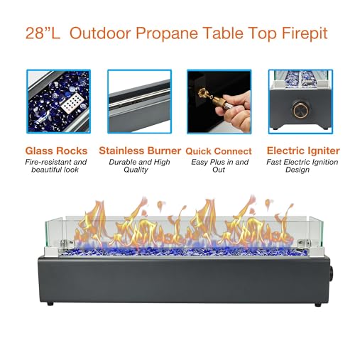 BAIDE HOME 28-inch Table Top Propane Fire Pit, 40,000 BTU Tabletop Firepit for Patio, Outdoor Portable Rectangular Fire Bowl w/Wind Glass Shield, Glass Rocks - Carbon Gray - Image 3