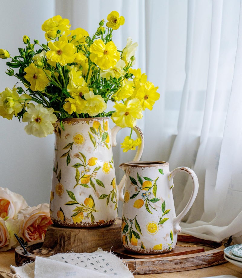 Teweiqi Vintage Lemon Ceramic Vase with Handle, Retro Ice Glazed Crack Farmhouse Pitcher Vase for Home Decor, Living Room, Shelf, Office, Rustic Table Centerpiece 9 Inch - Image 4