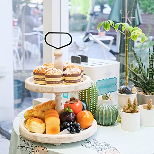 Mustry Rustic Wooden 2 Tiered Tray, Round Farmhouse Kitchen Table Decor Serving Tier Tray, Food Fruits Cupcake Display Coffee Bar Home Party Seasonal Decorations (White) - Image 3