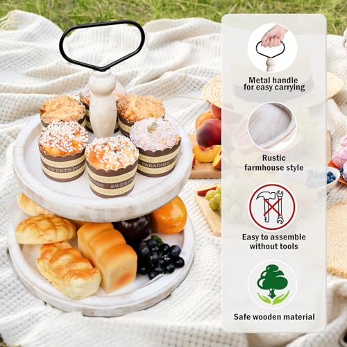 Mustry Rustic Wooden 2 Tiered Tray, Round Farmhouse Kitchen Table Decor Serving Tier Tray, Food Fruits Cupcake Display Coffee Bar Home Party Seasonal Decorations (White) - Image 4
