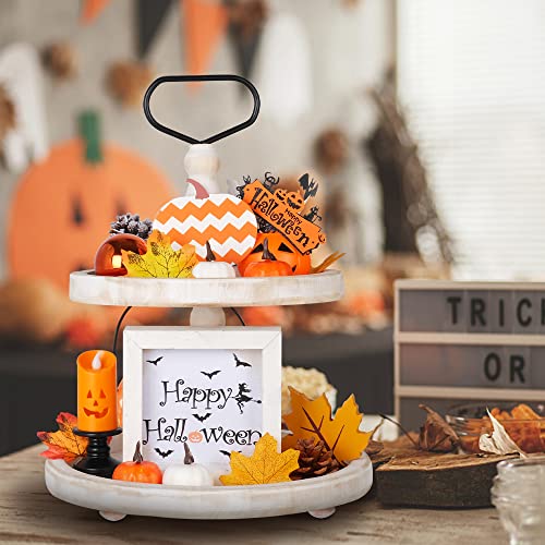 Mustry Rustic Wooden 2 Tiered Tray, Round Farmhouse Kitchen Table Decor Serving Tier Tray, Food Fruits Cupcake Display Coffee Bar Home Party Seasonal Decorations (White) - Image 2