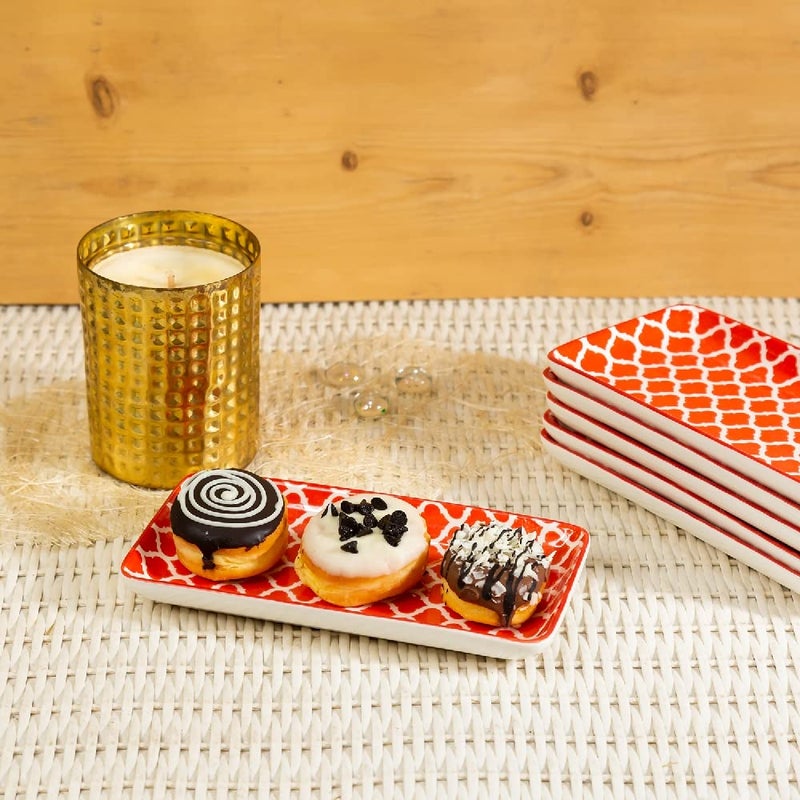 EZ Life Glazed Rising Red Rectangle Plates - Set of 6 (7 Inch) Ceramic Dessert Plates - Serveware - Home Kitchen, Tableware, Dining Sets Plate - Image 3