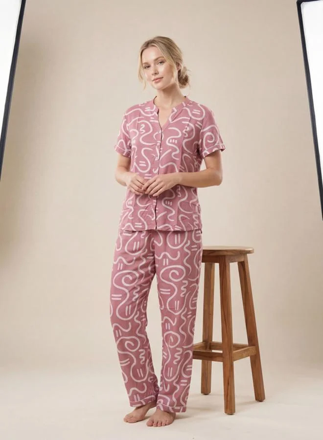 Mish Pink Abstract Printed Nightwear Shirt With Matching Pants