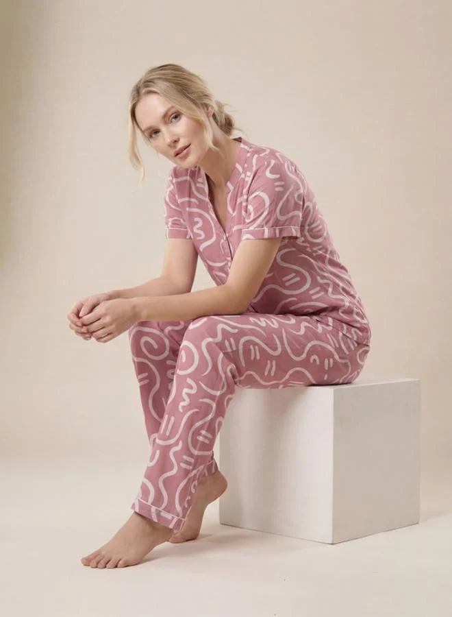 Mish Pink Abstract Printed Nightwear Shirt With Matching Pants