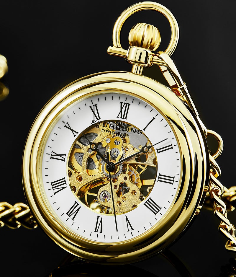 Stuhrling Original Men's Pocket Watch Stainless Steel Analog Skeleton Watch Hand Wind Mechanical Movement Stainless Steel Chain (Silver) (Gold) - Image 2