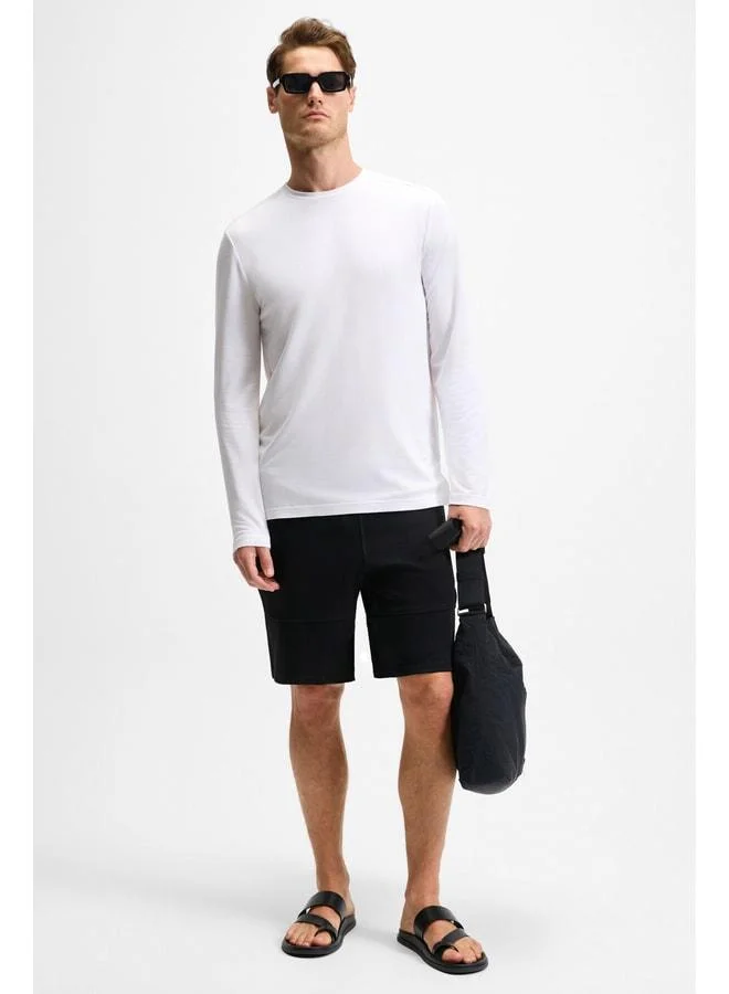 GRIMELANGE KONSA Men's Elastic Belt with Cord, Zippered Side Pockets, Relaxed Fit Black Shorts & Bermuda.