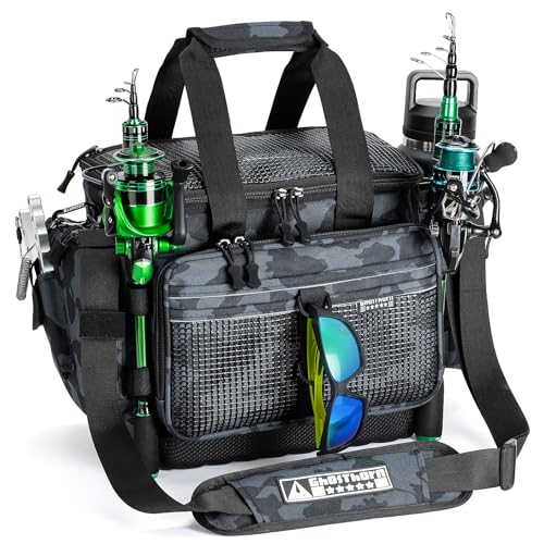 Ghosthorn Fishing Tackle Bag with Rod Holder Saltwater Freshwater Resistant Tackle Box Bag Waterproof Base Adjustable Padded Shoulder Strap Black Camouflage - Image 1