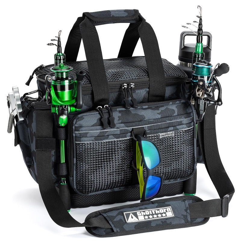 Ghosthorn Fishing Tackle Bag with Rod Holder Saltwater Freshwater Resistant Tackle Box Bag Waterproof Base Adjustable Padded Shoulder Strap Black Camouflage - Image 2