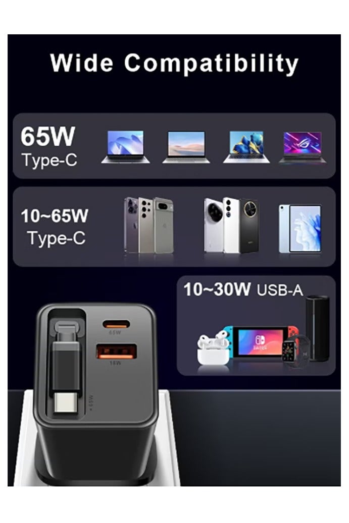 65W Charger Adapter, GaN Super Fast Charging, Portable Travel Wall Charger, Built-in Retractable Charging Cable, Type-C/USB Dual Interface, iPhone/Android/Tablet, Compact, Safe and Durable - Image 5